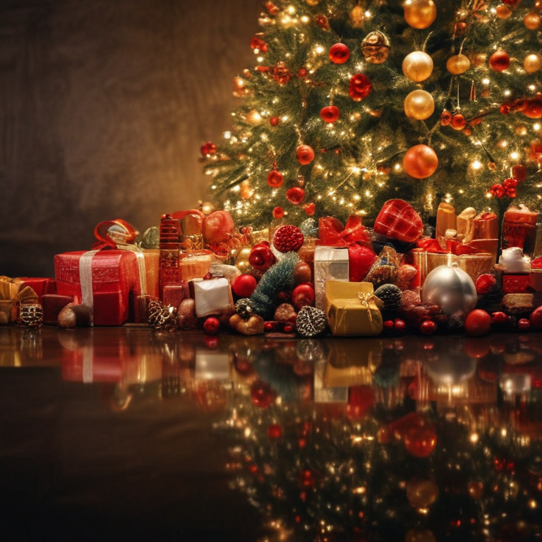 Festive Christmas Tree Surrounded by Colorful Gifts and Twinkling Lights