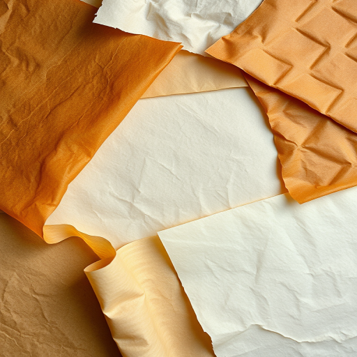 Create a high-resolution image of various textured and patterned parchment sheets arranged artistically, using a Canon EOS R5 camera, f/8 aperture, 50mm lens, ISO 100, natural light for enhanced color vibrancy, top-down view, and using a slight vignette to focus on the textures.