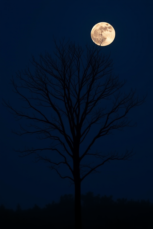 Create a high-resolution silhouette of a bare tree against a full moon in a dark blue sky, using a DSLR camera with a 50mm lens, f/1.8 aperture, ISO 100, and a long exposure of 5 seconds, capturing a mystical and serene atmosphere with a slight foreground blur.
