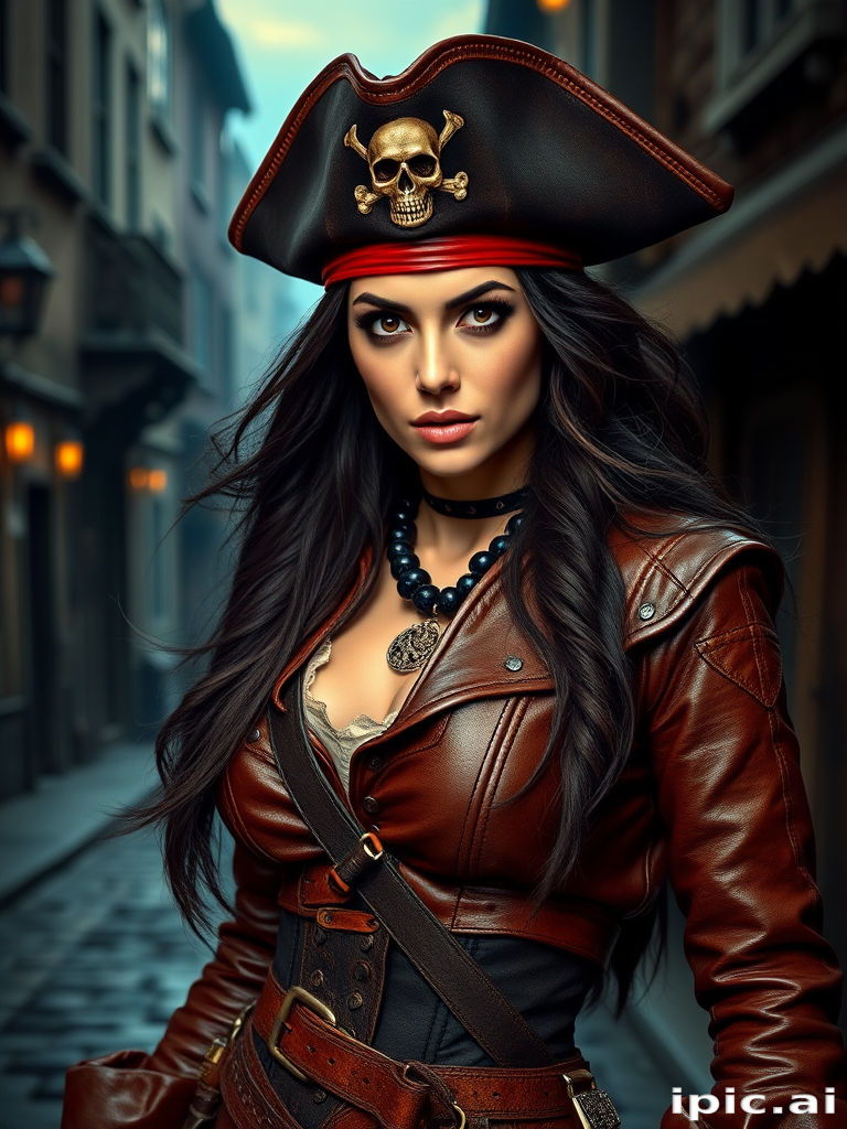 Create a portrait of a fierce female pirate. She wears a leather tricorn hat adorned with a skull and crossbones emblem, and her long, dark hair flows around her face. Her outfit consists of a richly detailed leather jacket, a corset, and multiple layers of belts and accessories, giving her a formidable and stylish appearance. She stands confidently in a dimly lit, historic port town, with a backdrop of weathered buildings and cobblestone streets, capturing the adventurous spirit of a pirate.