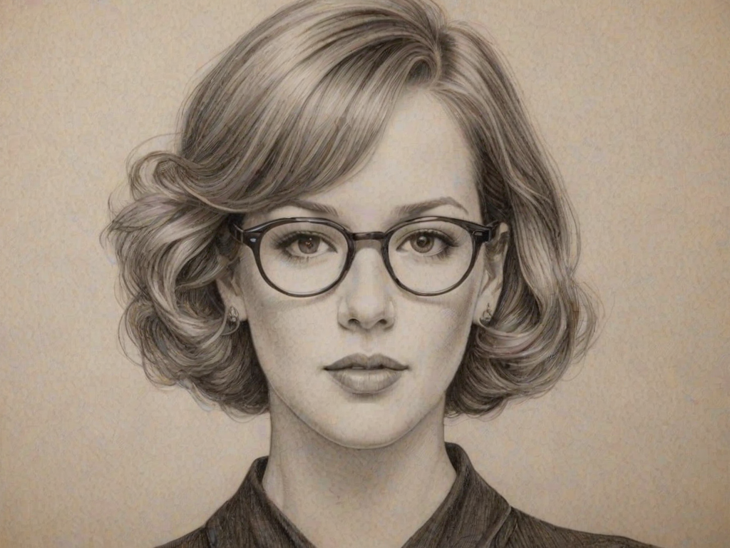 Exquisite Molly Ringwald, pencil sketch, portrait of Enticing woman 1935s in glasses, hair style beatnik, outline, clear lines, fine lines, 8k
