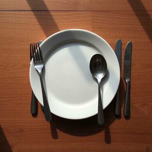 Create a high-resolution image of an empty dinner plate with a fork, knife, and spoon arranged elegantly, using a DSLR camera at f/1.8 aperture, ISO 100, 50mm lens, 1/200s shutter speed, shot from a top-down view with natural lighting for soft shadows.