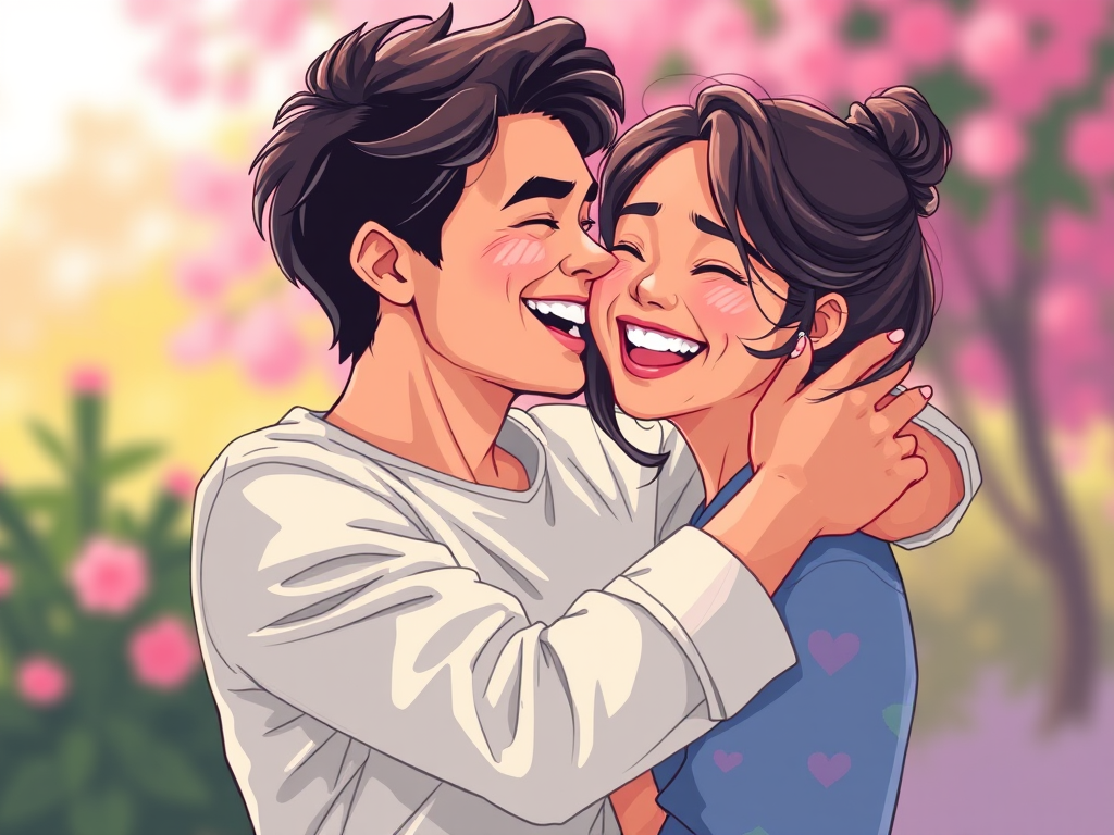 Create a digital illustration of a couple embracing, capturing joyful expressions, bright colors, using a high-resolution setting with a 35mm lens, f/1.8 aperture, natural lighting, and a soft-focus background for enhanced image quality.