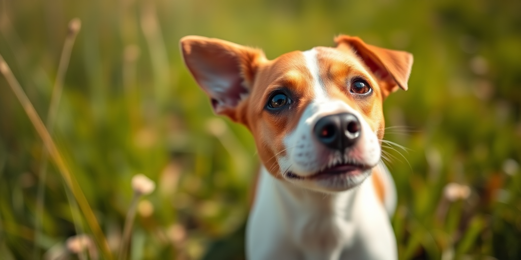 Close-up portrait of a curious Jack Russell Terrier standing in a grassy field, natural lighting, shallow depth of field, 50mm lens, aperture f/1.8, ISO 200, DSLR camera, vibrant colors and sharp details.