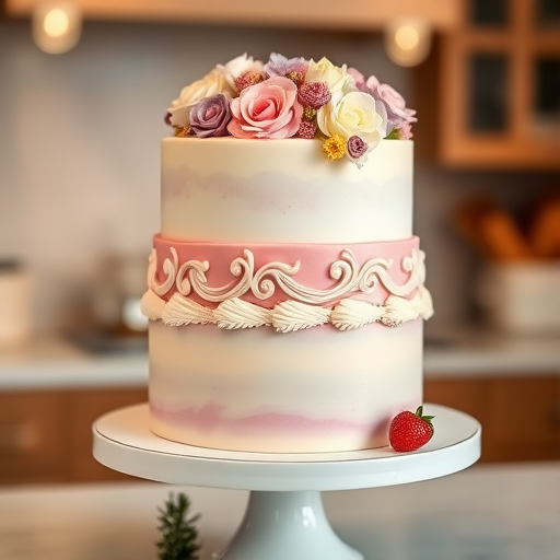 "A beautifully decorated round cake displayed on an elegant white cake stand. The cake has three tiers, each layer meticulously frosted with smooth buttercream in pastel colors. The top tier is adorned with delicate sugar flowers in soft shades of pink, purple, and white, with edible gold accents. The middle layer features intricate piping in swirls and lace-like patterns, while the bottom tier has a subtle ombre effect fading from light to dark. A few fresh berries and a touch of greenery are placed around the base of the cake for a natural touch. The background is a soft, blurred kitchen setting with warm lighting, focusing on the cake's details.