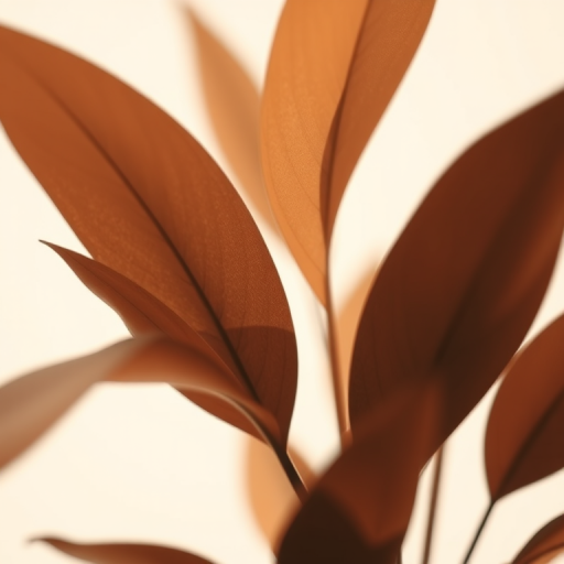 minimalist plant illustration with abstract leaves in shades of brown and muted colors, soft focus, 50mm lens, f/2.8 aperture, ISO 200, natural light, digital art style