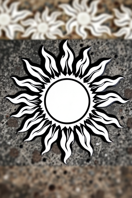 Create an intricate black and white sun emblem with stylized flame motifs radiating outward, high resolution, 50mm lens, f/8 aperture, ISO 100, natural lighting, shot from a top-down view with a soft focus background.