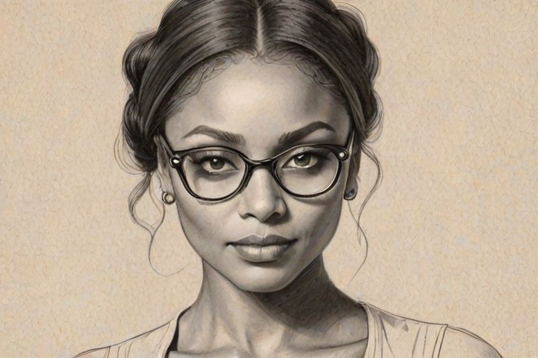 Appealing Kat Graham, pencil sketch, portrait of Fetching woman 1920s in glasses, hair style beatnik, outline, clear lines, fine lines, 8k
