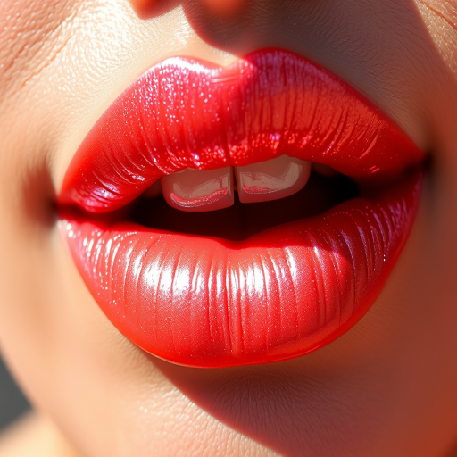 Shimmering coral lips with a metallic sheen, reflecting light beautifully and creating dimension, photographed in natural sunlight to showcase the iridescent finish