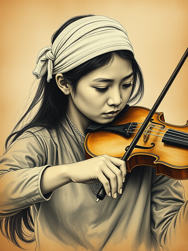 a young Bhutanese woman with a white headband playing a violin, in the style of a charcoal drawing, sepia grunge background