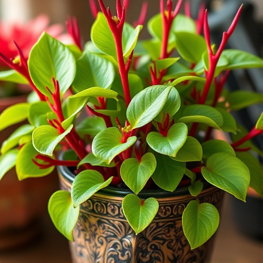 Create a highly detailed illustration of a lush plant with vibrant green leaves and striking red stems in an ornate decorative pot, using a macro lens with an aperture of f/2.8, focal length of 50mm, and natural soft lighting to enhance colors and textures.