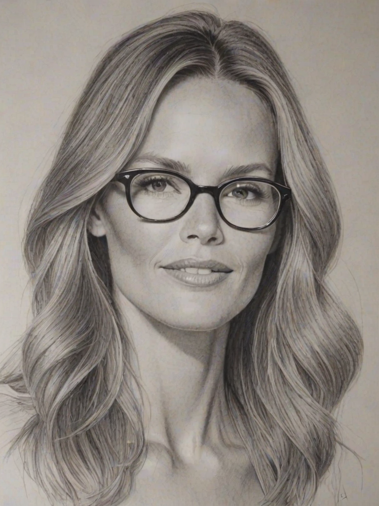 Wonderful Elle Macpherson, pencil sketch, portrait of Appealing woman 1954s in glasses, hair style beatnik, outline, clear lines, fine lines, 8k
