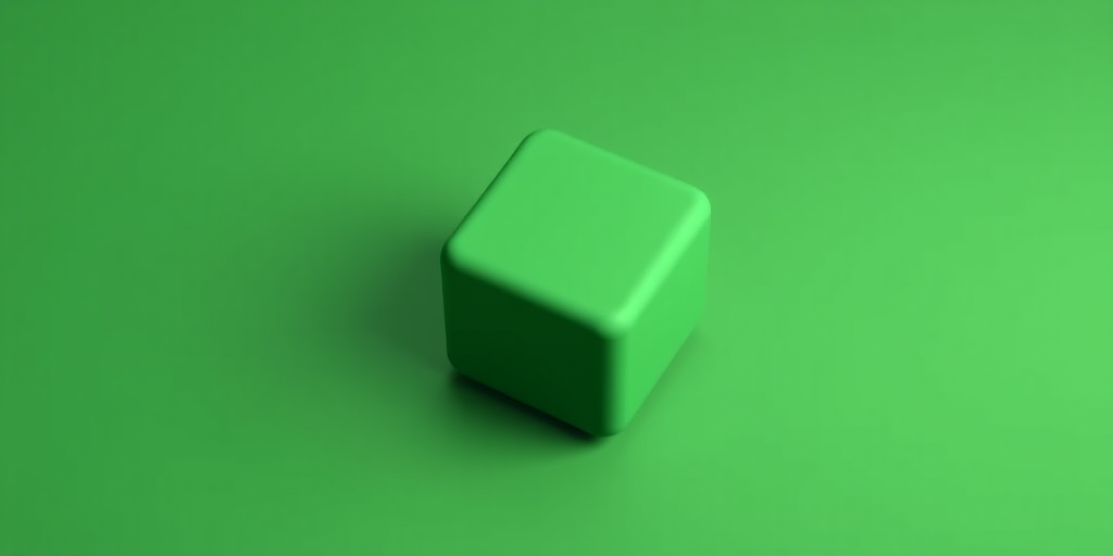 Create a 3D rendering of a solid green cube with a smooth surface, captured using a DSLR camera at f/8 aperture, ISO 100, 50mm lens, with a 3-point lighting setup and a slight top-down perspective to enhance depth and shadows.