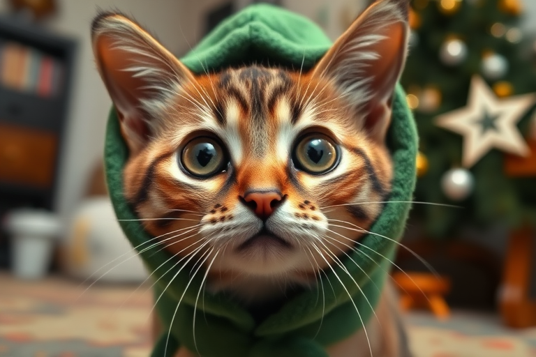 A close-up of a curious cat wearing a green hood with a star ornament in the background and a cozy indoor setting. The cat's big eyes are prominently displayed, capturing its playful and inquisitive expression.