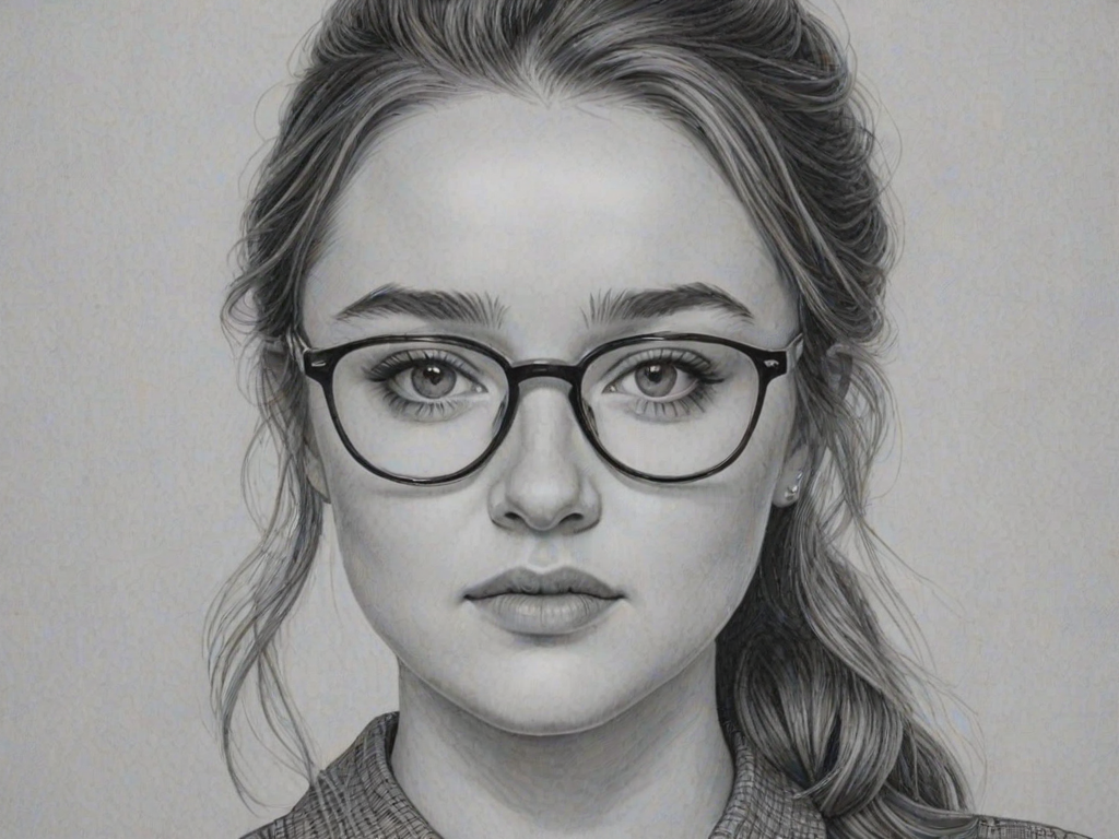 Exquisite Kaitlyn Dever, pencil sketch, portrait of Enticing woman 1961s in glasses, hair style beatnik, outline, clear lines, fine lines, 8k