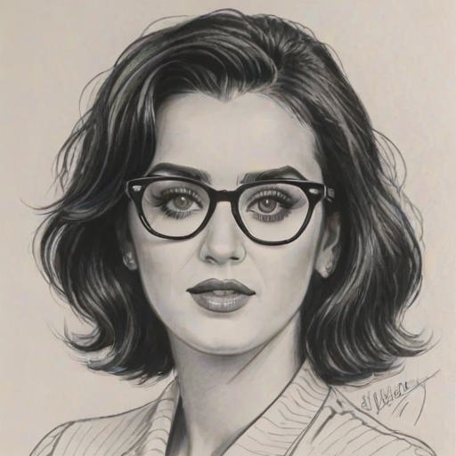 Fascinating Katy Perry, pencil sketch, portrait of Radiant woman 1980s in glasses, hair style beatnik, outline, clear lines, fine lines, 8k