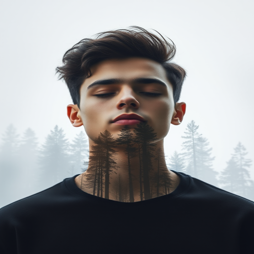 Create a double exposure portrait of a calm young man with closed eyes, featuring a dense forest within his silhouette, using a 50mm lens at f/1.8, ISO 100, shutter speed 1/200s, natural light, shot with a full-frame DSLR camera from a slightly low angle for depth and clarity.