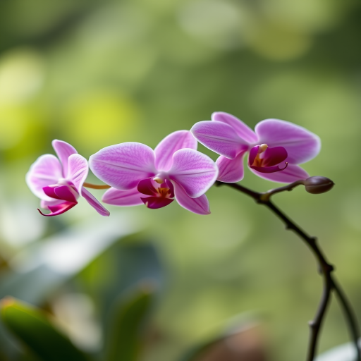 macro photo of pink orchids on a blurred green background, f/2.8, 1/200s shutter speed, ISO 100, 50mm lens, soft natural light