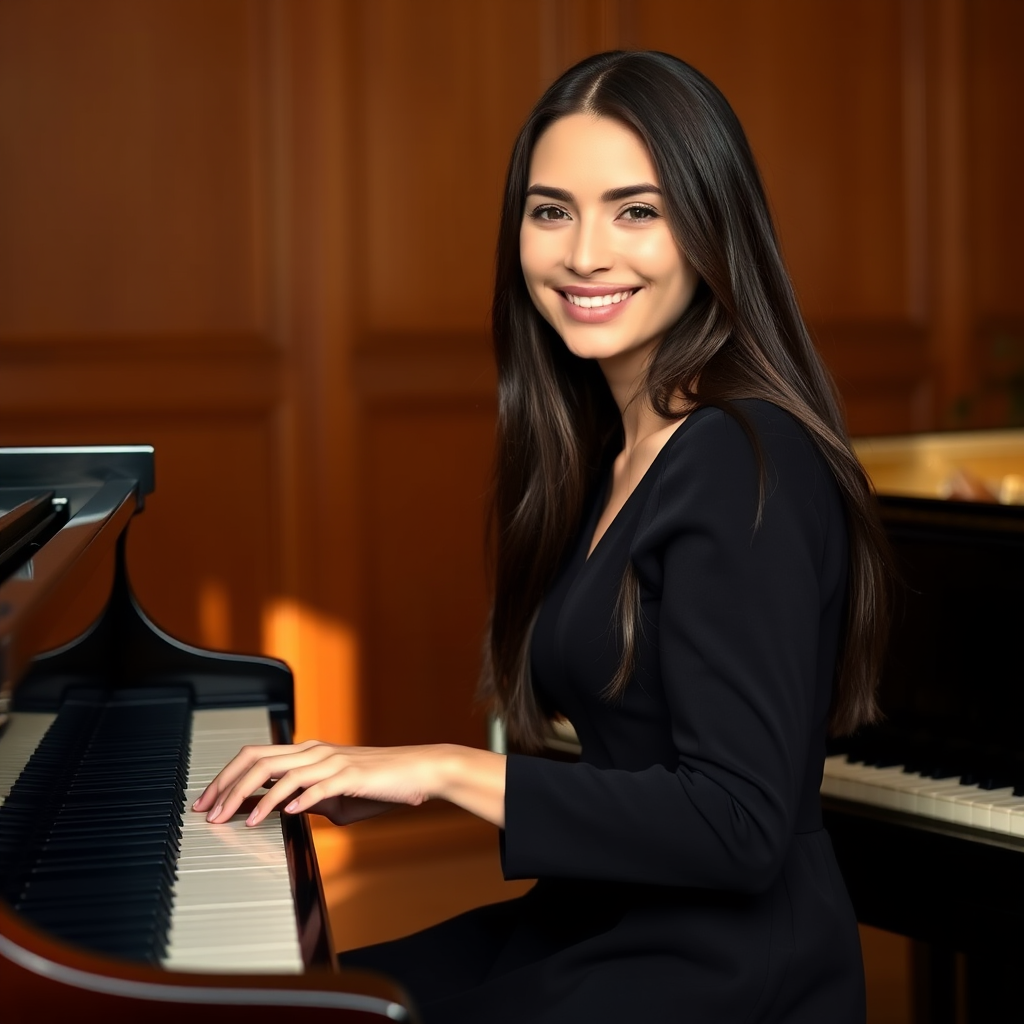 A young woman with long, dark hair smiles at the viewer as she sits at a grand piano, her right hand poised over the keys. The scene is lit by warm, natural light, highlighting the elegant simplicity of the woman's black dress. The perspective is from the side, emphasizing the contrast between the woman's delicate form and the grand scale of the piano. The ivory keys and dark wood of the piano create a striking visual contrast, further emphasized by the rich black of her dress.