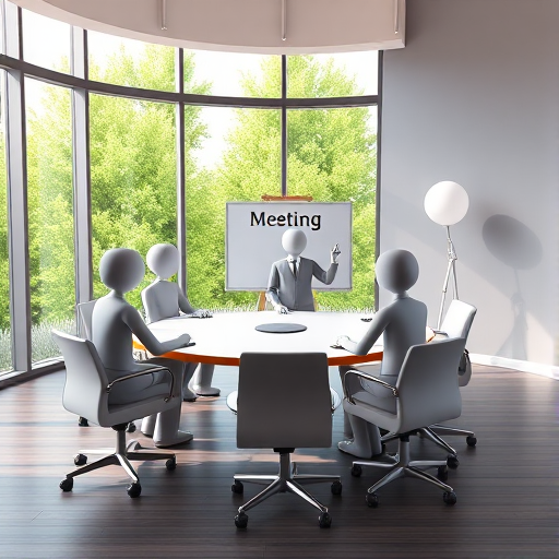 Create a modern conference room scene with five stylized 3D figures seated around a circular table, one figure presenting at a whiteboard titled 'Meeting,' large windows with a vibrant green view, soft natural lighting, camera type DSLR, aperture f/2.8, ISO 100, focal length 35mm, wide-angle view.