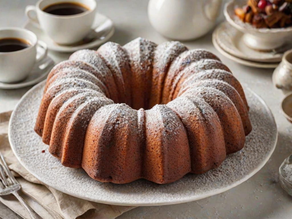 Generate an image of a beautifully arranged bundt cake on a white platter, with several slices cut and displayed. The cake is dusted with powdered sugar, and there is a cup of coffee beside it. Include elegant tableware, such as a fork and a small plate for serving. The background should be simple and light to emphasize the cake.