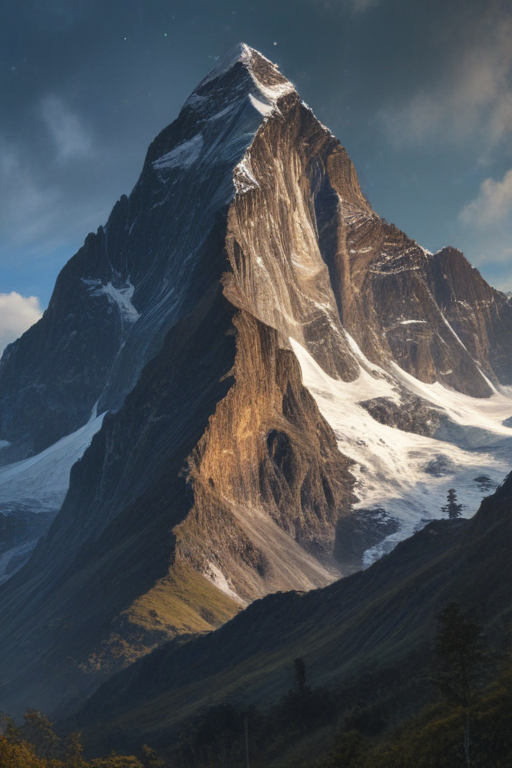 Majestic Mountain Peak Surrounded by Lush Green Valleys and Snowy Slopes.