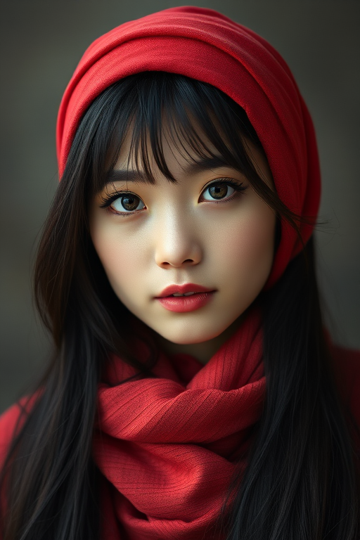 Create a portrait of a young Korean woman with long, dark hair and captivating hazel eyes. She is wearing a red headscarf and a matching scarf draped gracefully around her neck. The background is softly blurred, focusing attention on her serene and natural expression. The overall color palette is muted and warm, enhancing the intimate and authentic feel of the portrait.