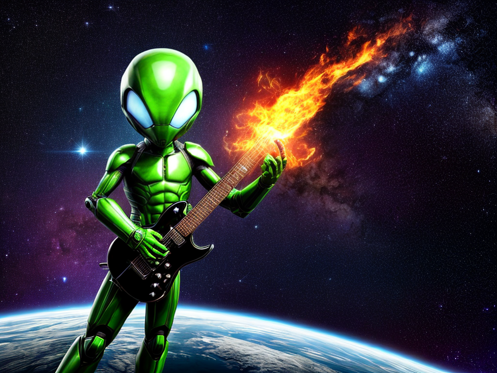 ALIEN PLAYING A FIRE GUITAR IN THE SPACE