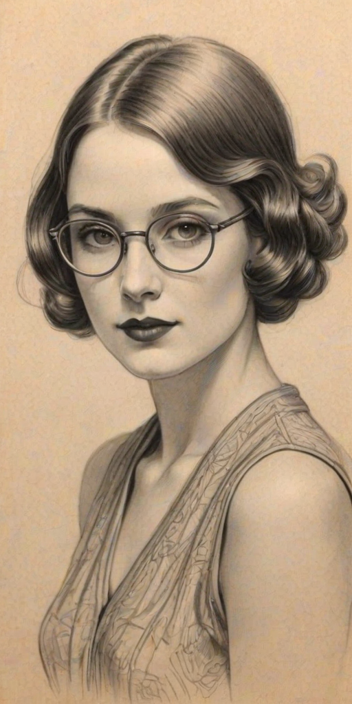 Fascinating Kara Killmer, pencil sketch, portrait of Splendid woman 1920s in glasses, hair style beatnik, outline, clear lines, fine lines, 8k
