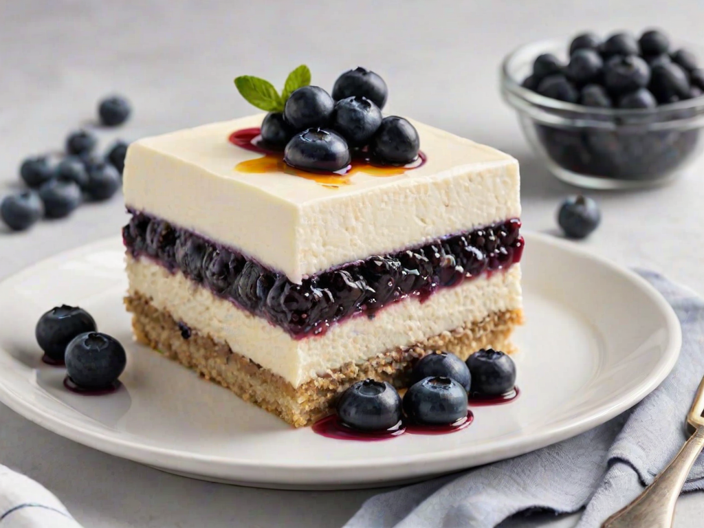 Create a layered dessert featuring alternating sections of creamy filling and blueberry compote, topped with fresh blueberries. The dessert should have a rectangular shape and be presented on a simple white plate against a light background.