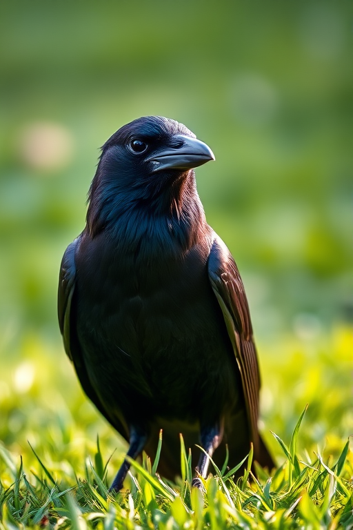 A close-up of a crow standing on green grass in soft natural light, using a DSLR camera with a 50mm lens, aperture f/2.8, shutter speed 1/200 sec, ISO 400, shot at eye level for detailed texture and clarity.