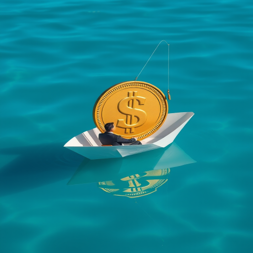 Generate an image of a businessman in a paper boat fishing for a large dollar coin in a calm blue water setting, captured with a DSLR camera at f/8, ISO 100, 50mm lens, using a bright and clear color palette for enhanced details and clarity.