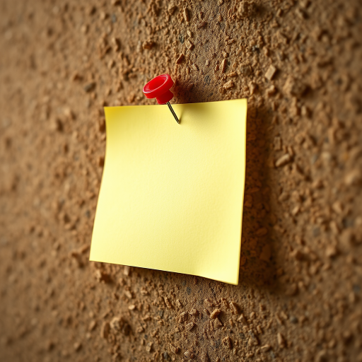 create a realistic sticky note on a corkboard with a red pushpin, natural lighting, ISO 200, f/4 aperture, 50mm lens, shallow depth of field, close-up view, DSLR camera