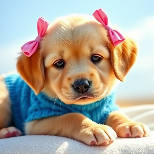 A cute golden retriever puppy with pink bows on its ears wearing a blue sweater resting on a soft surface with a bright sky in the background.