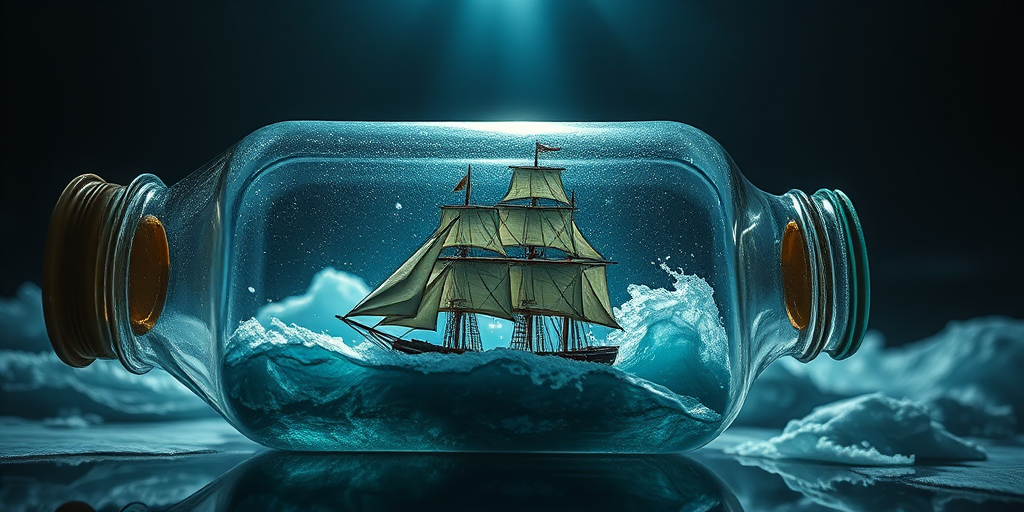 Create a detailed image of a sailing ship inside a glass bottle, capturing tumultuous ocean waves and dramatic lighting from above, using a DSLR camera, 50mm lens, f/1.8 aperture, ISO 100, and a low-angle view to emphasize depth and detail.
