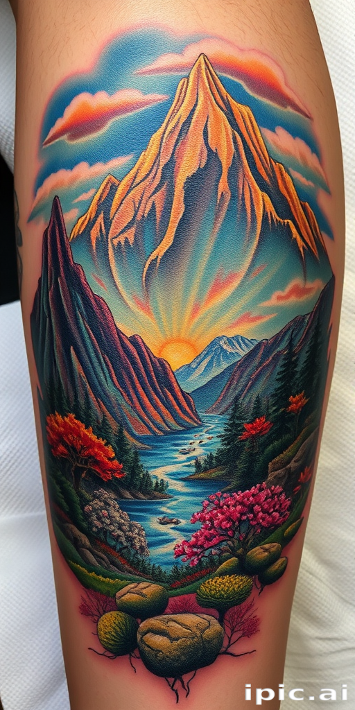 Photorealistic color tattoo named "Living Landscape" showcasing a breathtaking natural scene with incredible detail, depth, and vibrant colors that appear three-dimensional