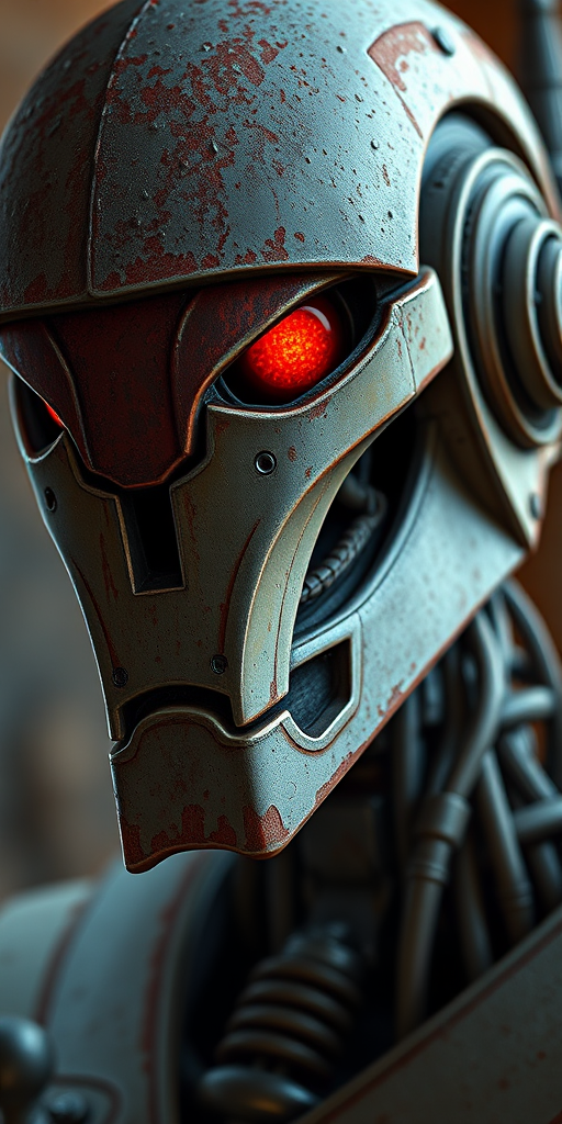 Create a digital illustration of a battle droid character with a worn and weathered appearance, captured in a close-up view using a high-resolution digital camera with f/2.8 aperture, ISO 100, and a 50mm lens, emphasizing sharp details and vibrant colors through a cinematic style.