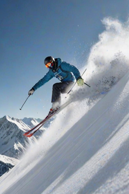 Blurry, action shot of a skier mid-air off a snowy mountain slope, with powder flying up from their skis and the bright blue sky and distant peaks creating a dramatic backdrop.