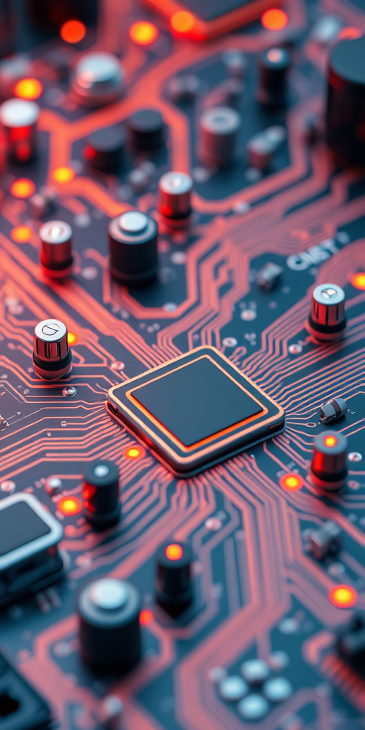 Generate a high-resolution 3D illustration of a futuristic circuit board with digital elements and glowing connections, captured with a Canon EOS R5 at f/1.8, ISO 100, and a 24mm lens, using a top-down view and soft lighting for enhanced detail and depth.