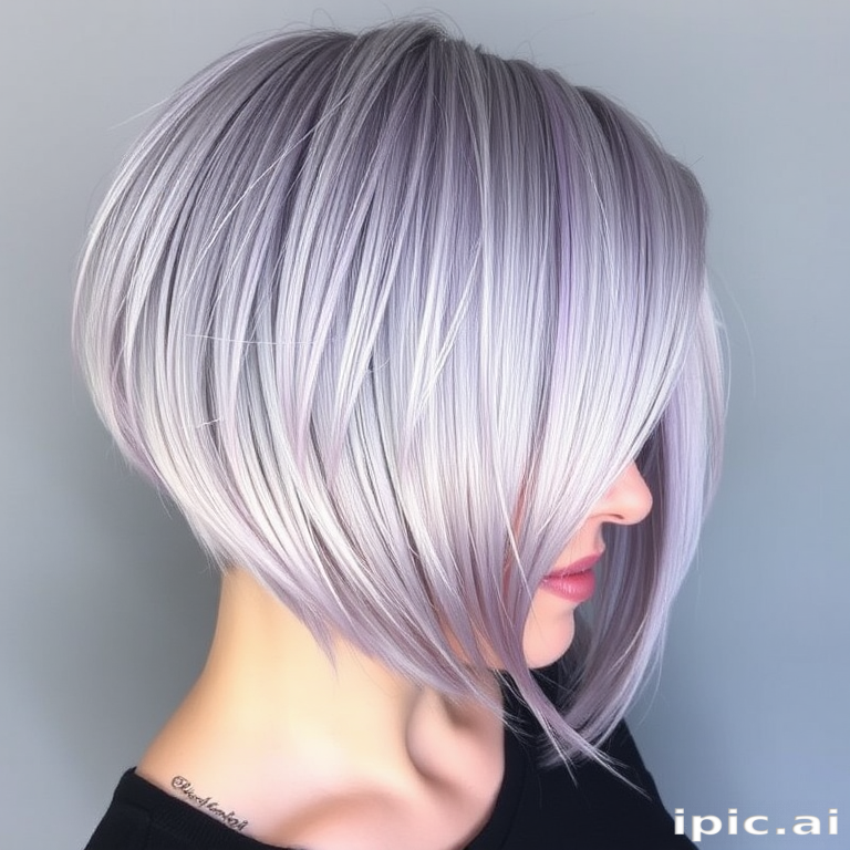 Enchanting Moonlight Silver bob cut with a blunt, chin-length finish, featuring a metallic sheen and subtle lavender undertones, parted dramatically to one side