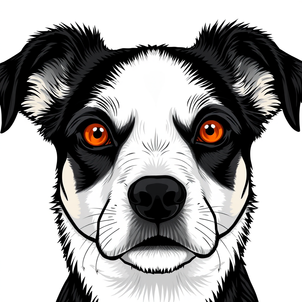 Create a detailed illustration of a black and white dog with striking amber eyes. The dog's face should be prominent and expressive, featuring a mix of fur textures. The background should be a soft, neutral color to enhance the dog's features. The overall style should be bold and graphic, emphasizing the dog's unique characteristics.
