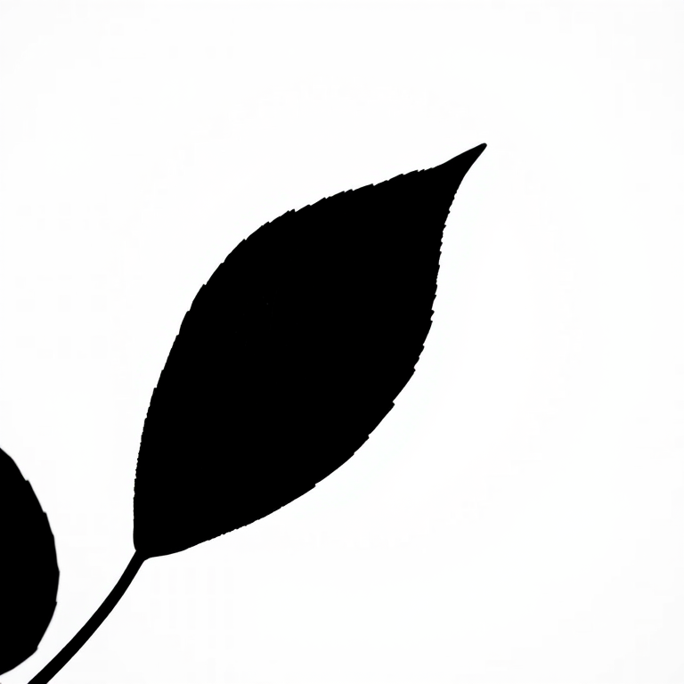 Generate a high-contrast black silhouette of a leaf against a white background, using a DSLR camera, aperture set to f/2.8 for shallow depth of field, 50mm lens, ISO 100, capturing at eye level in natural light for enhanced clarity.