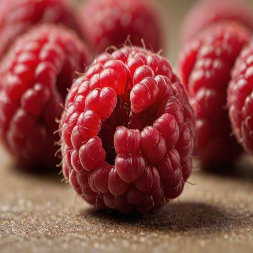 a detailed close-up of a fresh raspberry resting on a textured surface with a soft focus background, captured in vibrant colors and natural lighting