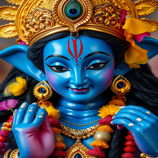 Regenerate a highly detailed image of a blue-skinned deity adorned with a golden crown, peacock feather, and floral decorations, captured in vivid colors and sharp focus, using a DSLR camera at f/2.8 aperture, 50mm lens, ISO 100, and soft lighting, with a shallow depth of field to emphasize intricate details.