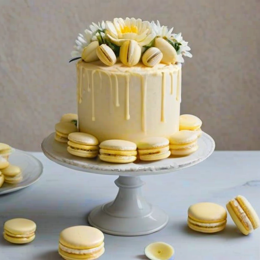 Create an image of a tall, elegant cake decorated with yellow macarons and white flowers. The cake should have a smooth, pale yellow frosting, adorned with small blue and white accents. The macarons should be artistically arranged around one side, and the overall look should be fresh and inviting, perfect for a celebration.
