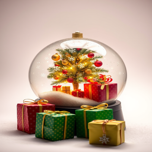Create a bright and colorful Christmas snow globe scene featuring a decorated tree with ornaments, surrounded by sparkling snowflakes, and gifts of various sizes in front, using a DSLR camera with an aperture of f/2.8, ISO 100, and a focal length of 50mm, in a clean studio setup with soft diffused lighting for enhanced clarity and vibrancy.