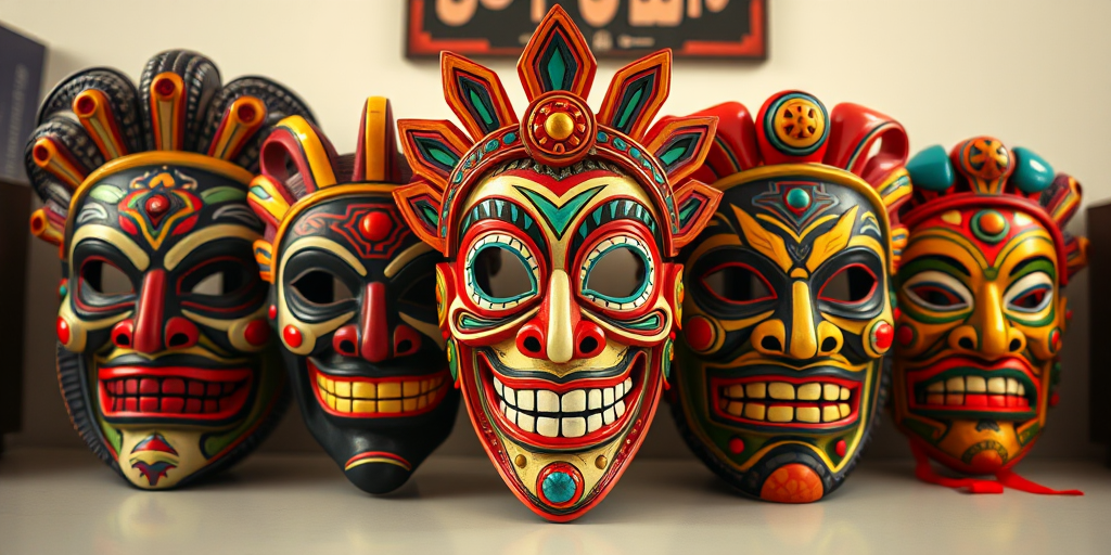 Generate a high-resolution image of five stylized masks with intricate designs and vibrant colors, captured with a DSLR camera at f/4, 1/125s, ISO 100, using a wide-angle lens from a frontal view in a well-lit environment.