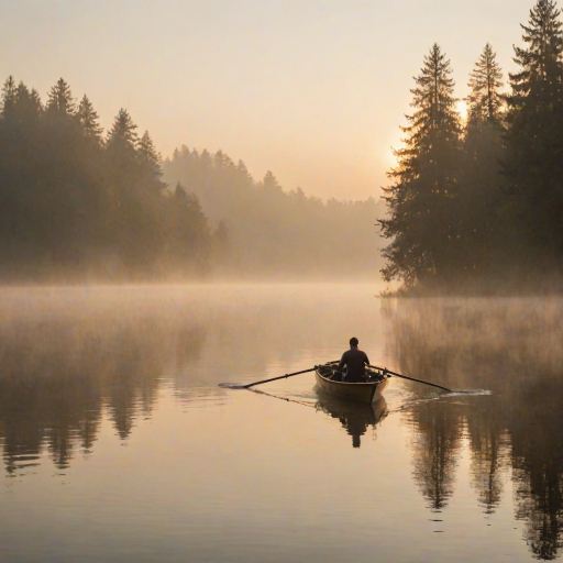 Blurry candid shot of a man rowing a boat across a misty lake at dawn, soft golden light from the rising sun illuminating the water, with trees barely visible through the mist.