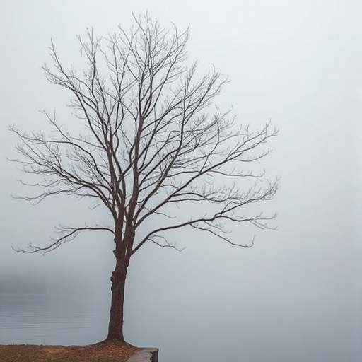 capture a solitary tree with sparse branches against a misty lake background during overcast weather, use a Canon EOS R5 with a 50mm f/1.2 lens, aperture f/2.8, ISO 200, shutter speed 1/250s, wide-angle view, natural color tones, and enhance depth of field for a soft background blur