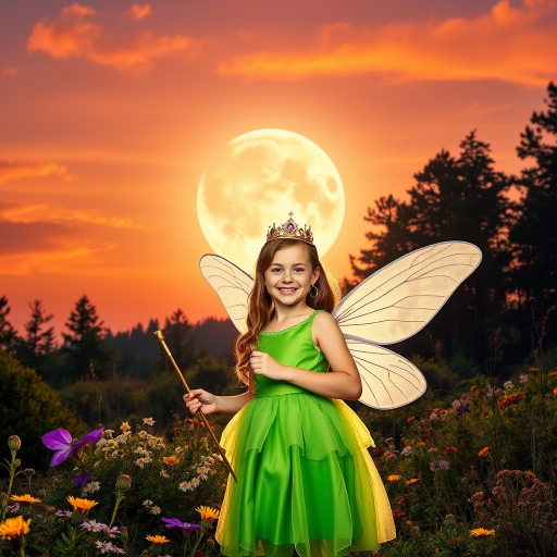 A vivid photo  taken under a bright camera flash of a fantastical scene set against a backdrop of a forest during sunset. The main subject is a girl dressed as a fairy, adorned with translucent wings and a green dress, holding a wand, her face is happy, and she wears a crown on her head. The forest behind her is a blend of flowers, shrubs and trees. The sky is painted in hues of orange and pink, with a large, glowing moon casting a warm glow over the scene. The overall color palette is dominated by earthy tones.